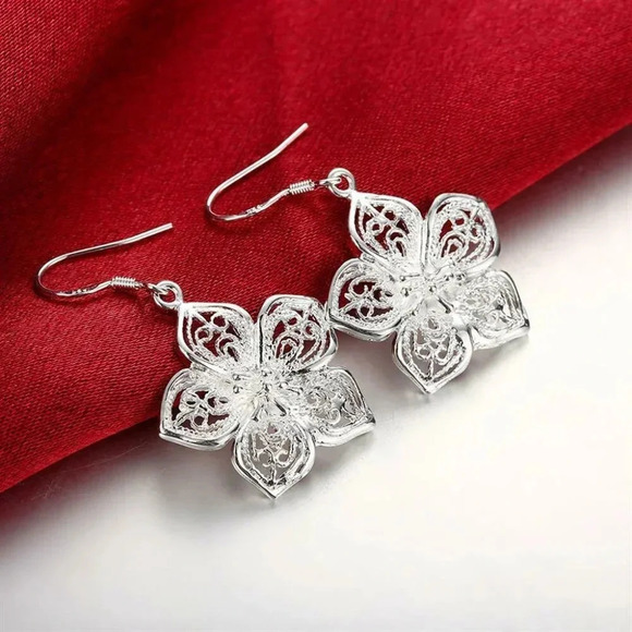 925 Sterling Silver Flower Dangle Drop Earrings - Picture 2 of 5